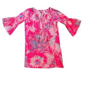 Lilly Pulitzer XS Pink Blue Tie-Dye Bell Sleeve Dress Tassel Neck Boho Resort
